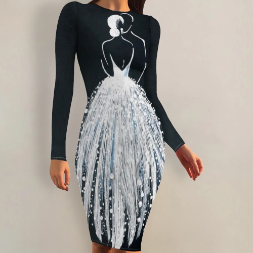 1 Piece Custom Casual Digital Printing Long Sleeve Midi Dress