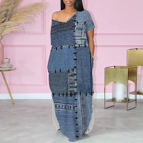 1 Piece Custom Casual Digital Printing Imitation Denim V Neck Long Dress