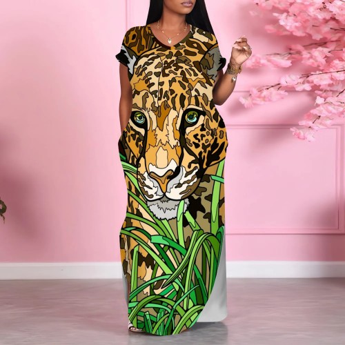 1 Piece Custom Casual Digital Printing V Neck Long Dress