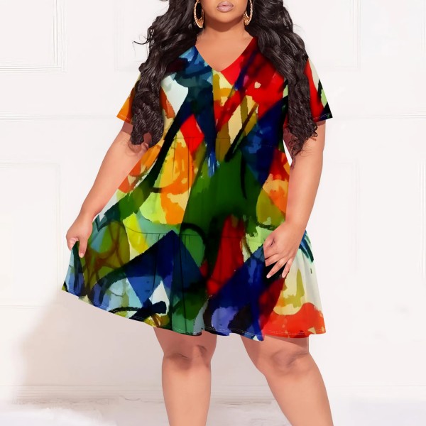 1 Piece Custom Casual Digital Printing Plus Size V Neck Party Dress
