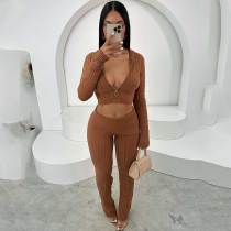 Women's Knitted Front Zipper Hooded Cardigan And Skinny Pants Set
