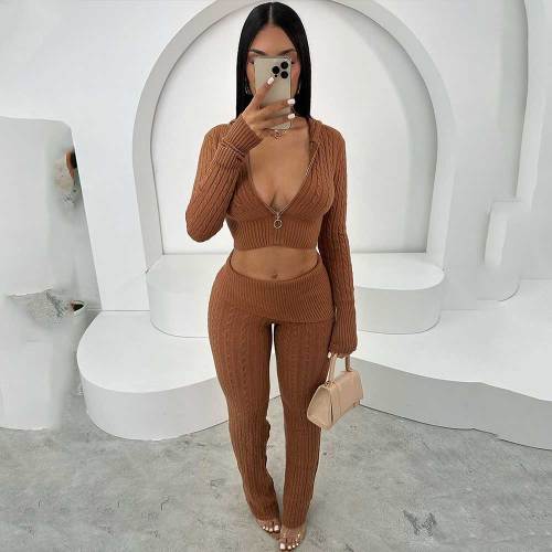 Women's Knitted Front Zipper Hooded Cardigan And Skinny Pants Set