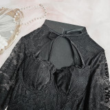Sexy See Through Tie Neckline Hollow Out Front Mesh Bodysuit