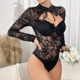 Sexy See Through Tie Neckline Hollow Out Front Mesh Bodysuit