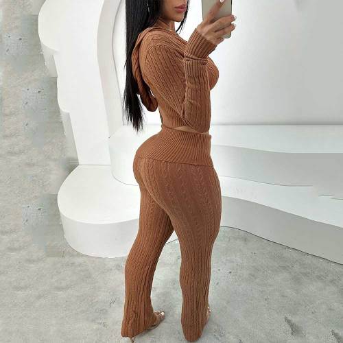 Women's Knitted Front Zipper Hooded Cardigan And Skinny Pants Set