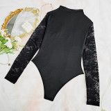 Sexy See Through Tie Neckline Hollow Out Front Mesh Bodysuit
