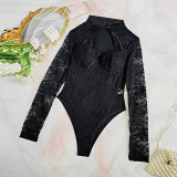 Sexy See Through Tie Neckline Hollow Out Front Mesh Bodysuit