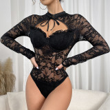 Sexy See Through Tie Neckline Hollow Out Front Mesh Bodysuit