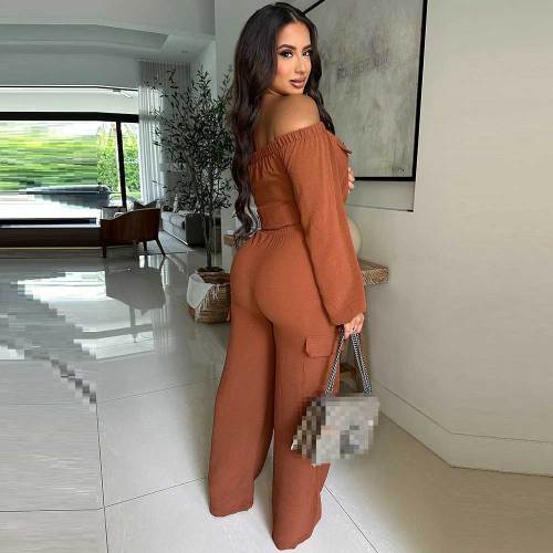 Solid Color Off Shoulder Crop Tops & Trousers Set