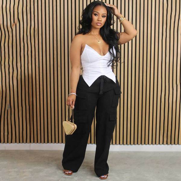 Women Corduroy High Waisted Casual Straight Leg Baggy Y2K Cargo Trousers