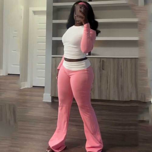 Solid Contrast Color Fleece High Waist Stacked Trousers Set