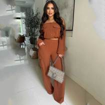 Solid Color Off Shoulder Crop Tops & Trousers Set