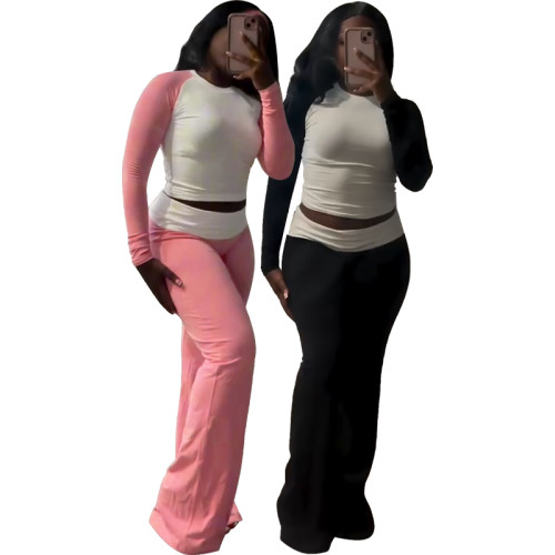 Solid Contrast Color Fleece High Waist Stacked Trousers Set