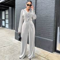 Solid Cardigan Lapel Tops Loose Trousers Suit