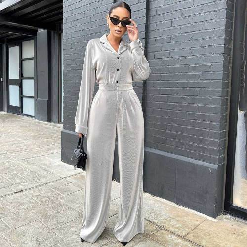 Solid Cardigan Lapel Tops Loose Trousers Suit