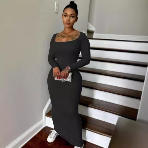 Square Collar Solid Color Long Sleeve Ribbed Soft Warm Long Dress