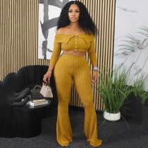 Solid Color Off Shoulder Long Sleeve Pants Suit
