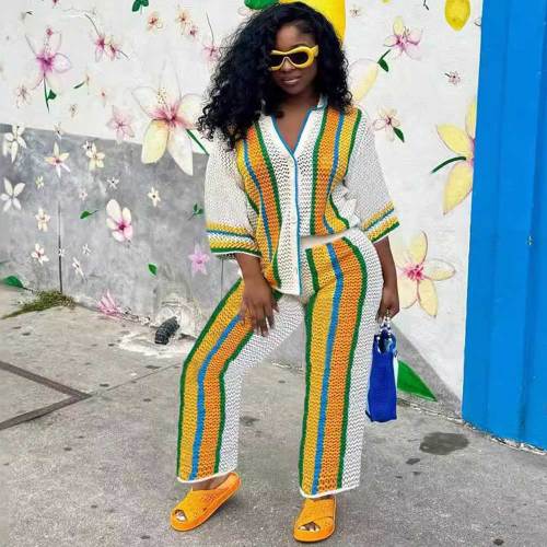 2 Piece Knit Pants Sets Striped Button Down Cardigans Wide Leg Lounge Sets
