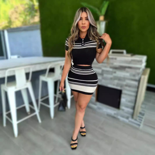 Fashion Striped Sweater 2 Piece Skirts Set