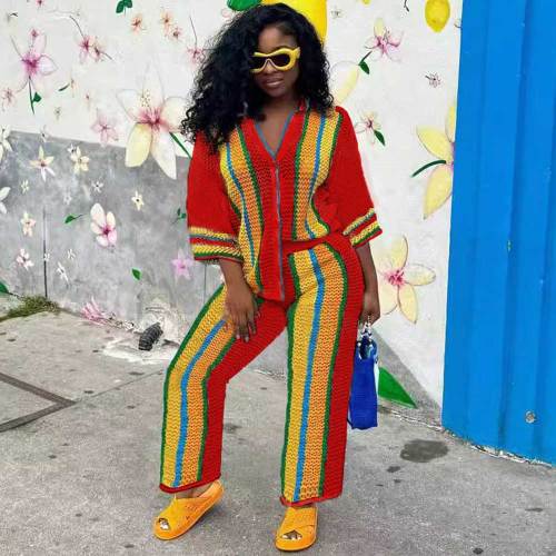 2 Piece Knit Pants Sets Striped Button Down Cardigans Wide Leg Lounge Sets
