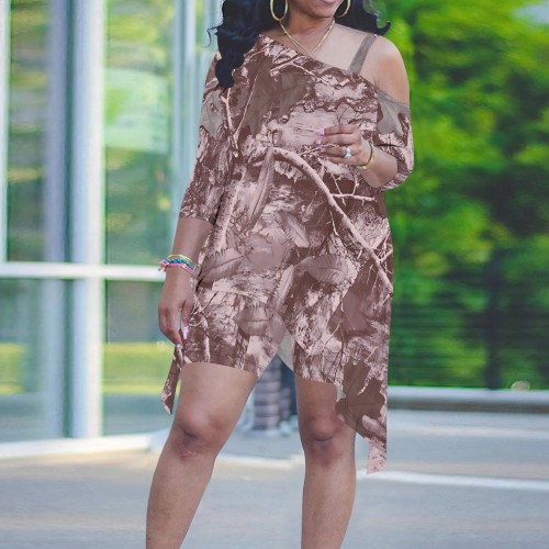1 Piece Custom Casual Digital Printing Sloping Shoulders Plus Size Two Piece