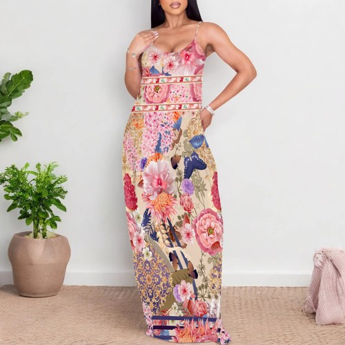 1 Piece Custom Casual Digital Printing Straps V Neck Maxi Dress