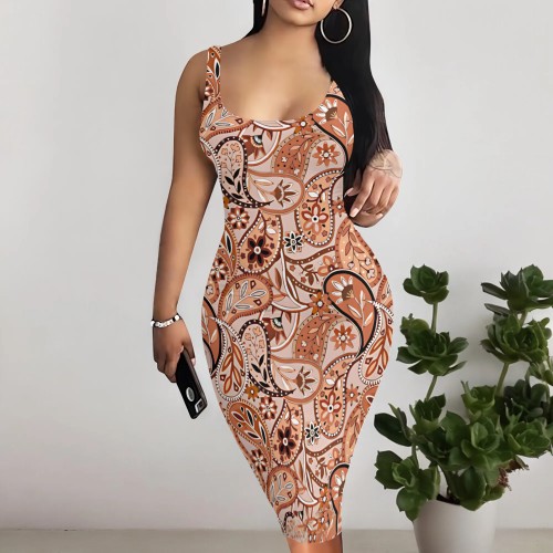 1 Piece Custom Casual Digital Printing Sleeveless U Neck Midi Dress