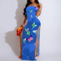 1 Piece Custom Casual Digital Printing Off Shoulder Split Maxi Dress
