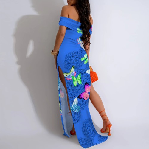 1 Piece Custom Casual Digital Printing Off Shoulder Split Maxi Dress