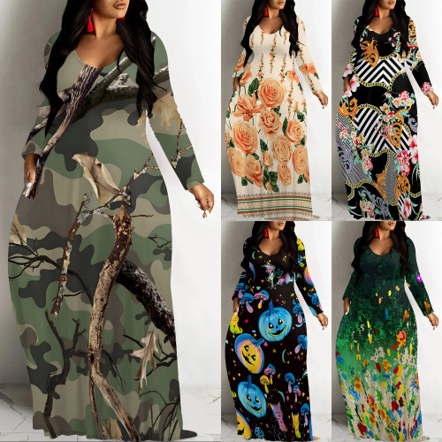 1 Piece Custom Casual Digital Printing V Neck Maxi Dress