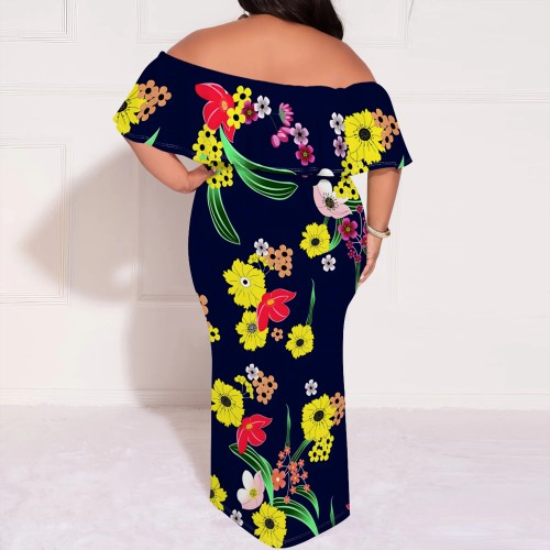 1 Piece Custom Casual Digital Printing Off Shoulder Plus Size Maxi Dress