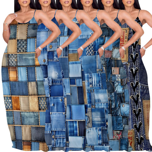 1 Piece Custom Casual Digital Printing Straps V Neck Maxi Dress