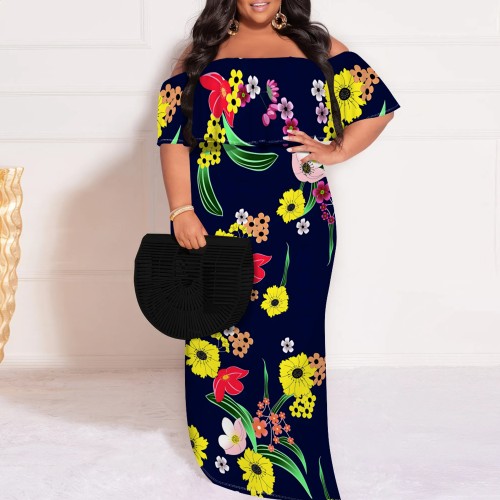 1 Piece Custom Casual Digital Printing Off Shoulder Plus Size Maxi Dress