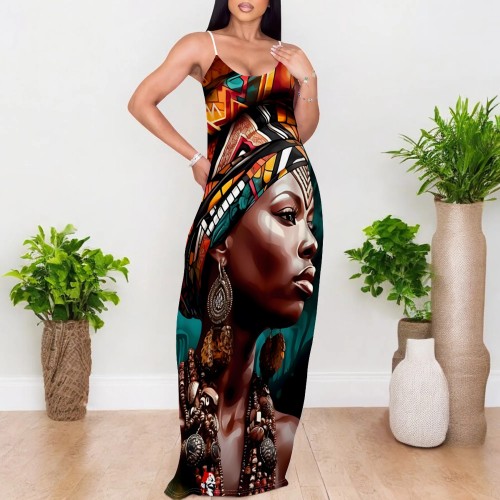 1 Piece Custom Casual Digital Printing Straps V Neck Maxi Dress