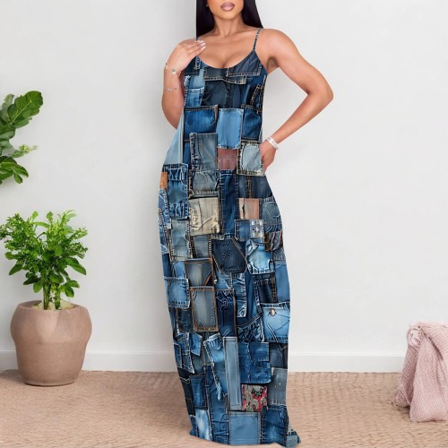 1 Piece Custom Casual Digital Printing Straps V Neck Maxi Dress