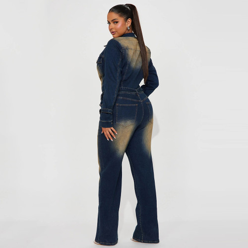 Slim Elastic Flare Washed Long Sleeve Denim Jumpsuit