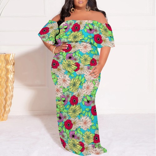 1 Piece Custom Casual Digital Printing Off Shoulder Plus Size Maxi Dress