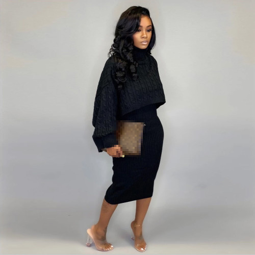 Womens 2 Piece Sweater Dress Knitted Crop Top Bodycon Midi Dresses Set