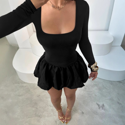 Cute Plain Square Collar Long Sleeve Puff Basic Bodycon Mini Dress