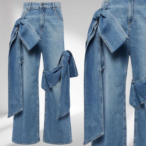 Women's Button Front Pocket Bow Decor Casual Denim Jeans