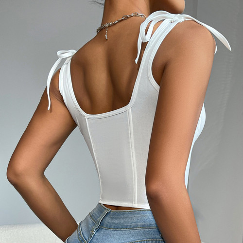 1pc Fashionable Solid Color Trim Slim Fit Hollow Out Corset Top For Women