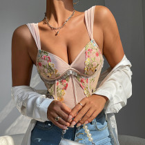 Camisole Fishbone Vest Retro Flower Vest Top for Women