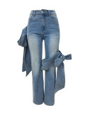 Women's Button Front Pocket Bow Decor Casual Denim Jeans