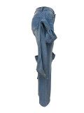Women's Button Front Pocket Bow Decor Casual Denim Jeans