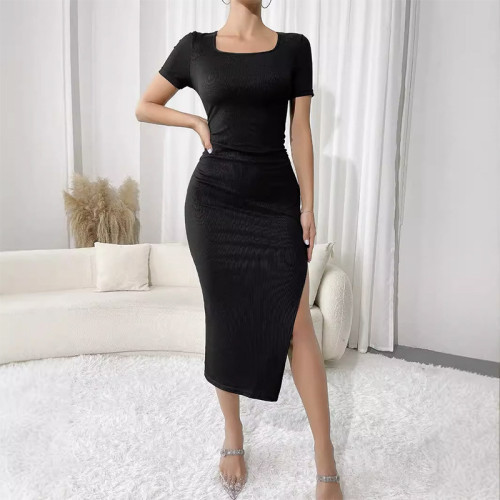 Black Scoop Neck Split Thigh Ribbed Knit Short Sleeve Midi Dress