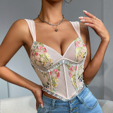 Camisole Fishbone Vest Retro Flower Vest Top for Women