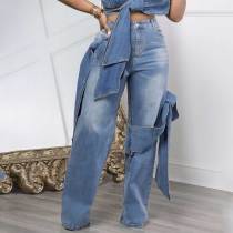 Women's Button Front Pocket Bow Decor Casual Denim Jeans
