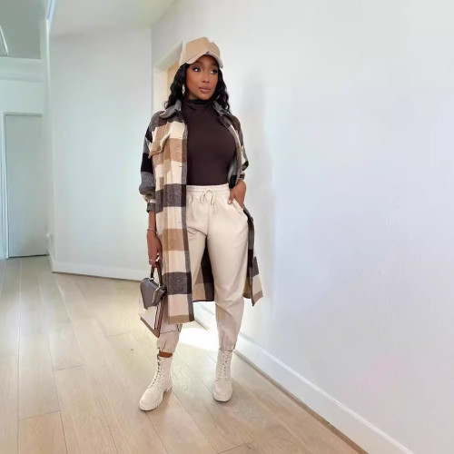 Long Plaid Long Sleeve Coat