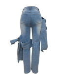 Women's Button Front Pocket Bow Decor Casual Denim Jeans