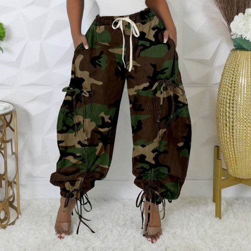 Fashion Camouflage Print Drawstring  Lantern Harem Trousers with Pockets